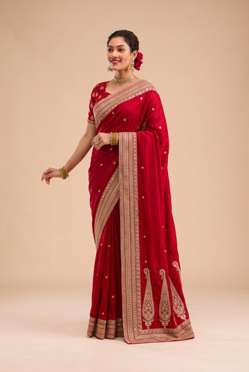 Maroon Vichitra Silk Sequance and Dori Work Saree With Lace Border