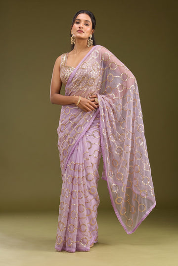 Mauve Net Saree With Beads & Sequin Embroidery