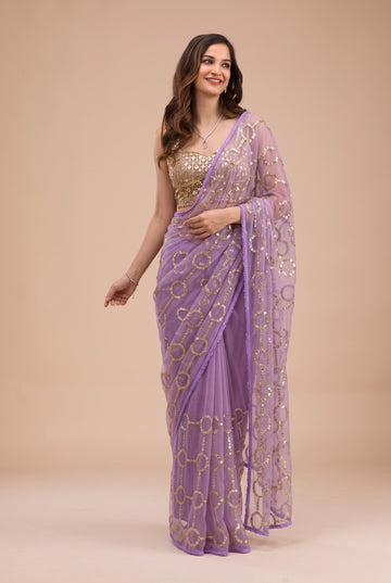 Purple Net Saree with Beads & Sequin Embroidery