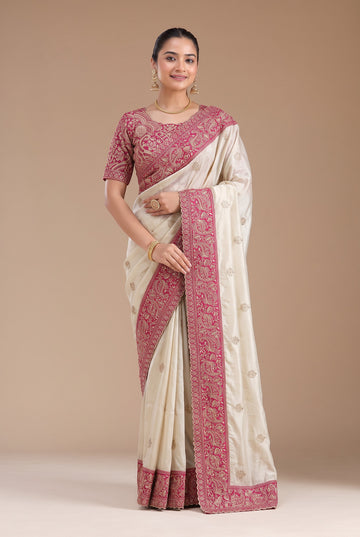 Off-White Organza Silk Saree with Rani Pink Blouse Piece