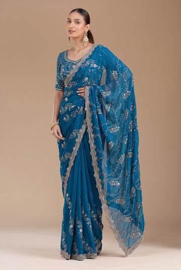 Premium Blue Fandy Silk Bids and Stone Work Saree