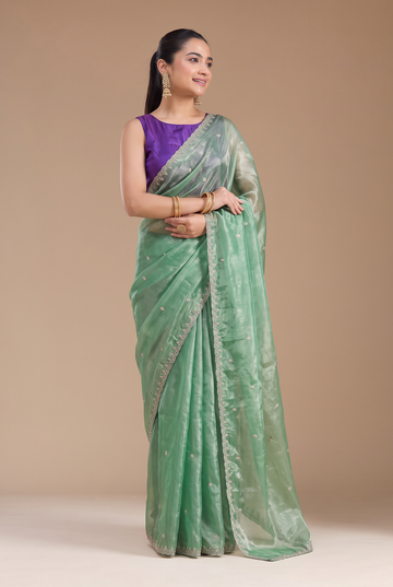 Sage Green Fandy Silk Saree with Embroidery Lace Border