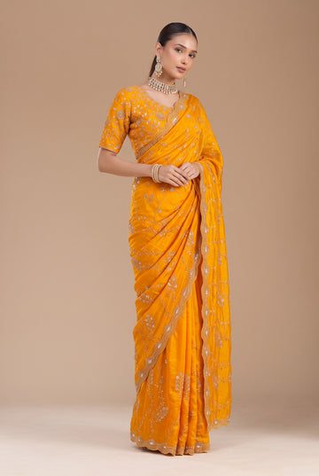 Premium Yellow Fandy Silk Bids and Stone Work Saree