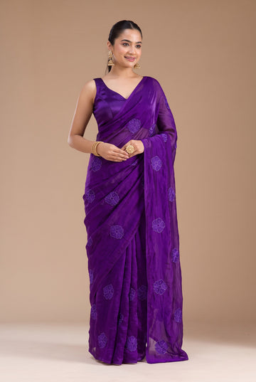 Deep Violet NC Silk Saree with Tone-on-Tone Floral Threadwork