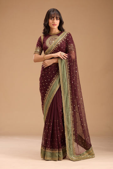 Designer Mulberry Wine NC Twill Saree With Embroidery Work