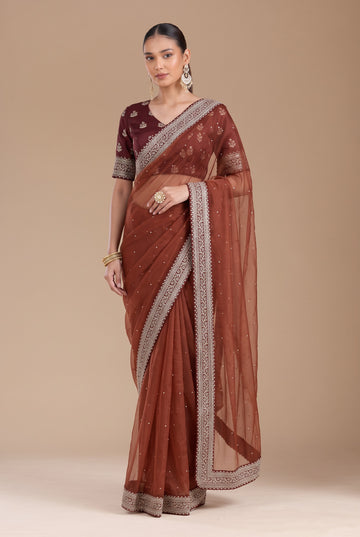 Brown Organza Silk Saree Sequence and Diamond Work With Blouse Piece