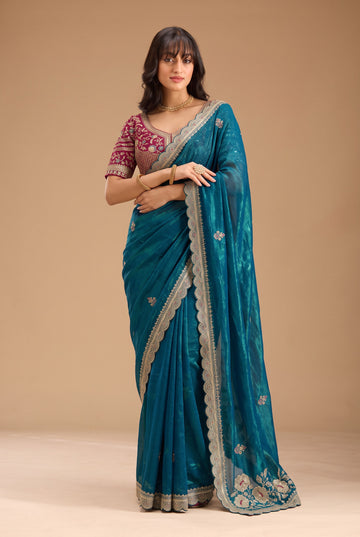 Peacock Teal Embroidered Saree with Contrast Magenta Heavy Blouse Piece