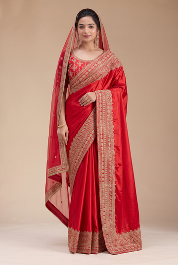 Bridal Red Japan Satin Saree with Heavy Embroidered Blouse Piece