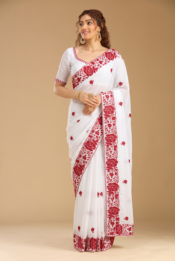 White Rangoli Silk Thread and Sequins Embroidery Work Saree