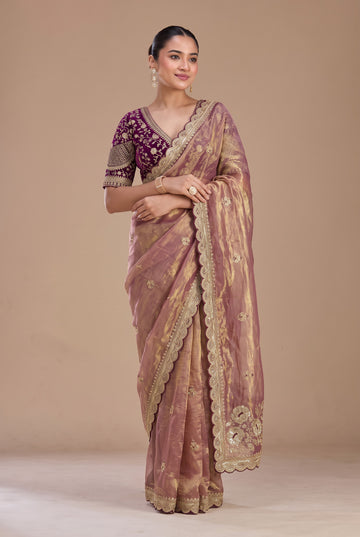 Women's Dusty Rose Saree With Gold Zari Floral Scalloped Border