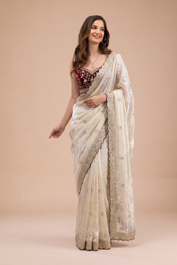 Off-White Silk Saree with Contrast Blouse