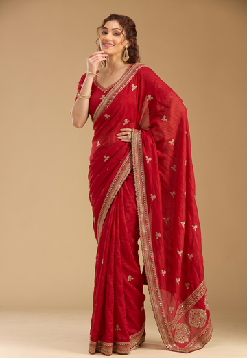 Georgeous Red Vichitra Silk Sequance and Zari Embroidered Saree