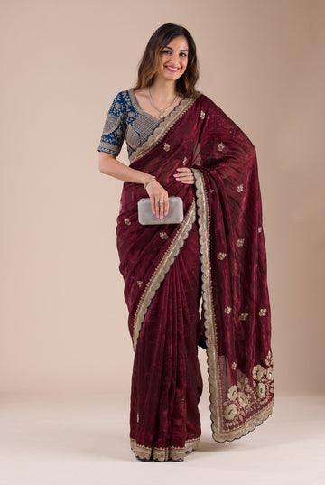 Wine Maroon Metallic Organza Saree with Royal Blue Designer Blouse Piece