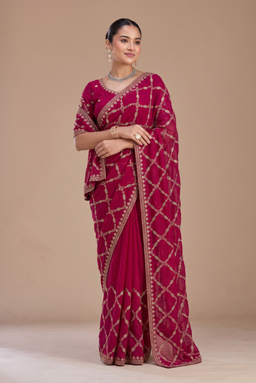 Designer Pink Fandy Silk All Over Embroidery Work Saree