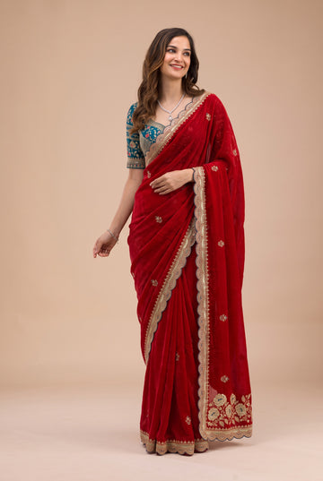 Crimson Red Silk Saree with Contrast Blouse