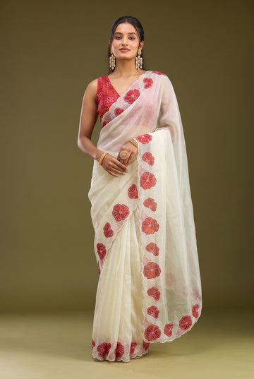 Off-White NC Silk Saree with Red Bandhani Floral Patches & Sequined Work