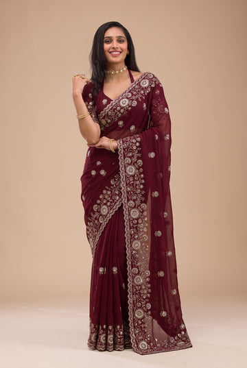 Maroon Lightweight Soft Rangoli Silk Embroidery Work Saree