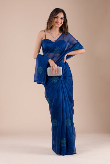 Royal Indigo Blue NC Silk All-Over Flower Embroidered Saree