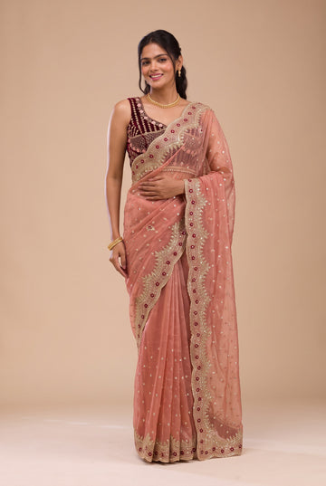 Warm Peach NC Zari Butti Embroidery Work Border Saree