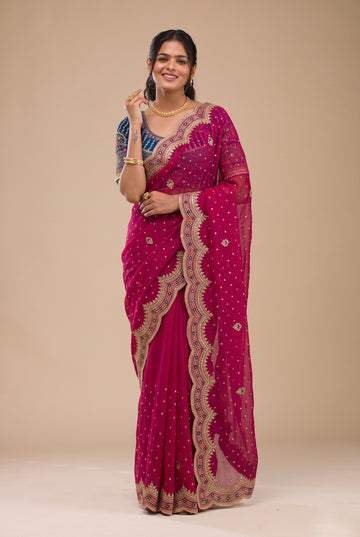 Magenta Pink NC Zari Butti Embroidery Work Border Saree