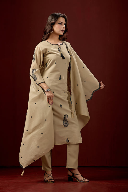 Saanvi Beige Embroidery Work Kurta Set With Matching Dupatta