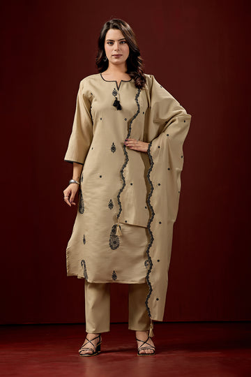 Saanvi Beige Embroidery Work Kurta Set With Matching Dupatta