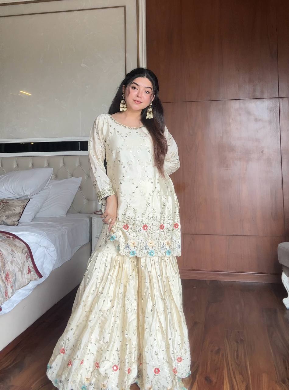 Samaira Heavy Embroidered Sharara Suit with Sky Blue Dupatta For Functions