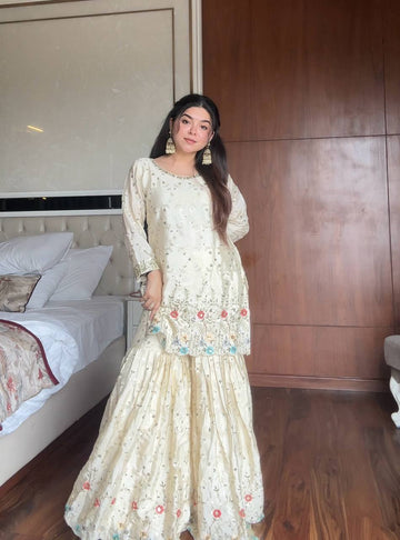 Samaira Heavy Embroidered Sharara Suit with Sky Blue Dupatta For Functions