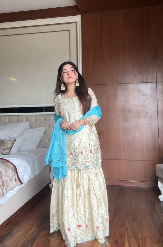 Samaira Heavy Embroidered Sharara Suit with Sky Blue Dupatta For Functions