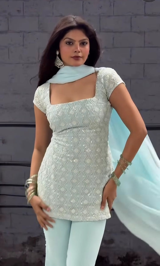 Cloudy Marshmallow Heavy Embroidery Work Kurta Palazzo Set With Dupatta