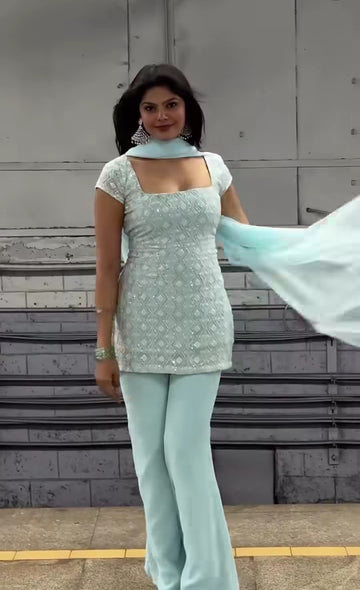 Cloudy Marshmallow Heavy Embroidery Work Kurta Palazzo Set With Dupatta