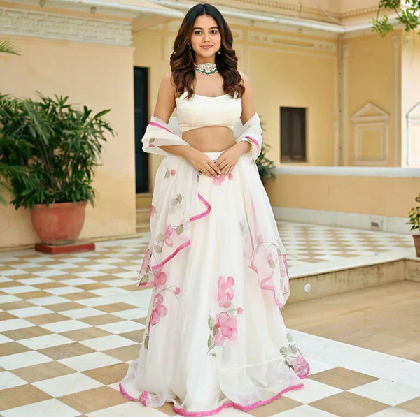 Shining Pink Flower Print With White Color Organza Lehenga Choli