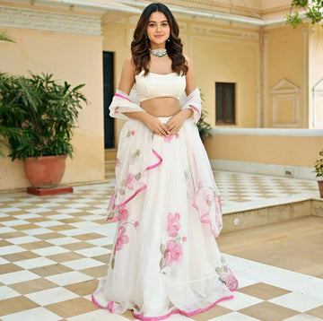 Shining Pink Flower Print With White Color Organza Lehenga Choli