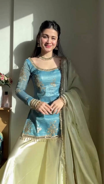 Sky Blue Fendi Silk Fabric Sequence Work And Real Mirror Work Palazzo Set With Dupatta