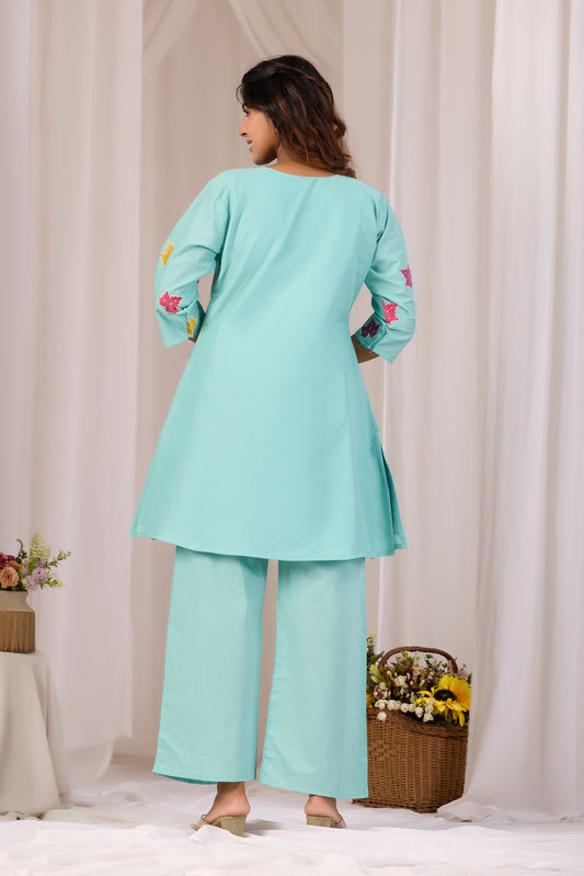 Sky Blue Mirror Work Cotton A-Line Short Kurta Set For Women