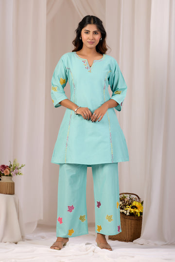 Sky Blue Mirror Work Cotton A-Line Short Kurta Set For Women