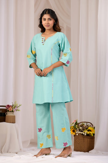Sky Blue Mirror Work Cotton A-Line Short Top Pant For Women