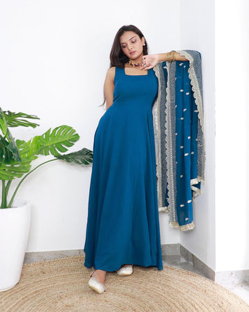 Drashti Ghanva Rama Color Celebrity Anarkali Gown With Heavy Embroidered Dupatta