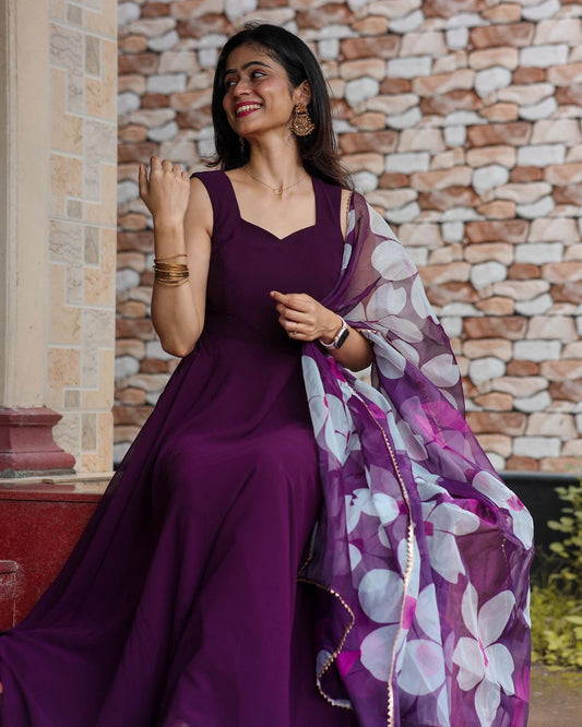 Kamaya Vartak Pure Soft Georgette Wine Color  Celebrity Anarkali Gown With Floral Dupatta