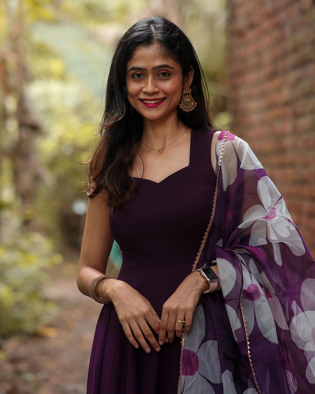 Kamaya Vartak Pure Soft Georgette Wine Color  Celebrity Anarkali Gown With Floral Dupatta