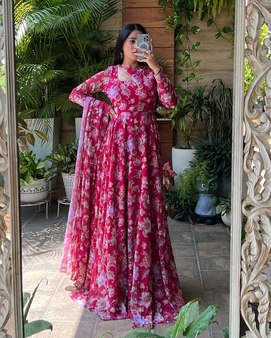 Isha Sharma Stylish Neck Design Soft Georgette Floral Pink Color Three Piece Celebrity Anarkali Suit