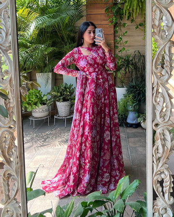 Isha Sharma Stylish Neck Design Soft Georgette Floral Pink Color Three Piece Celebrity Anarkali Suit