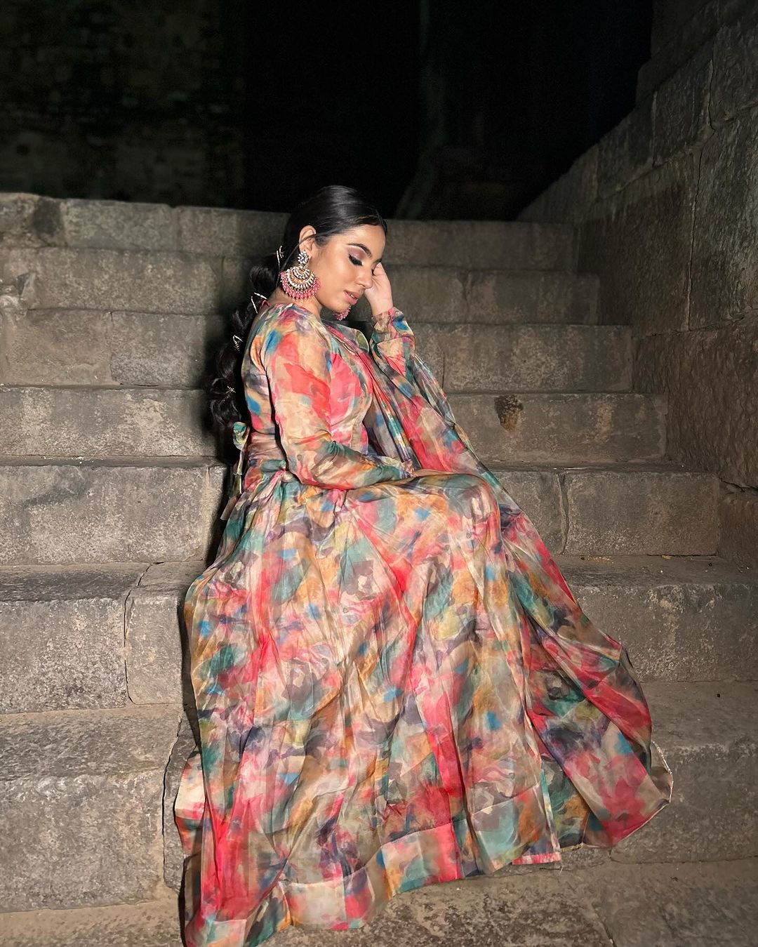 Tanya Gulati In Red Multi Color Print Organza Three Piece Celebrity Anarkali Suit