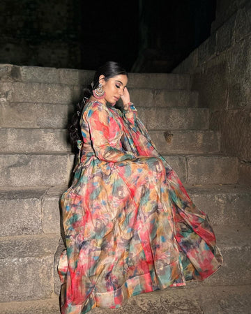 Tanya Gulati In Red Multi Color Print Organza Three Piece Celebrity Anarkali Suit
