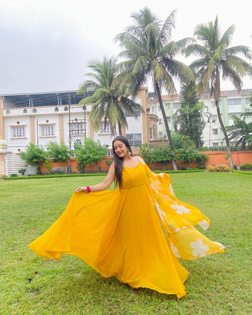 Neha Ghosh In Mustard Yellow Color Soft Georgette Celebrity Anarkali Gown With Floral Printed Dupatta