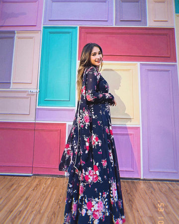 Kiran Rana In Floral Navy Blue Color Celebrity Anarkali Suit