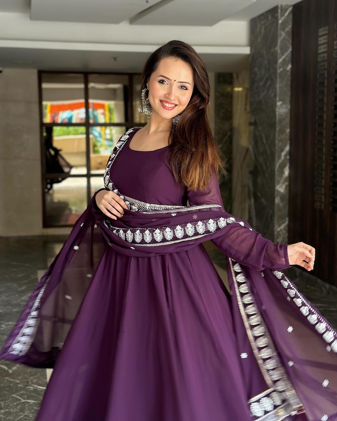 Varsha Rekhate In Wine Purple Color Celebrity Anarkali Three Piece Suit
