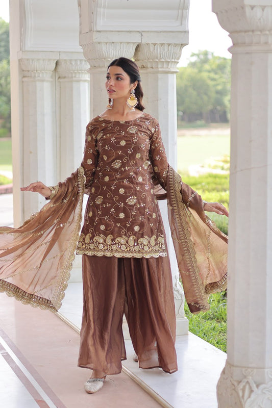 Sofia Brown Heavy Embroidery Work Sharara Suit With Dupatta