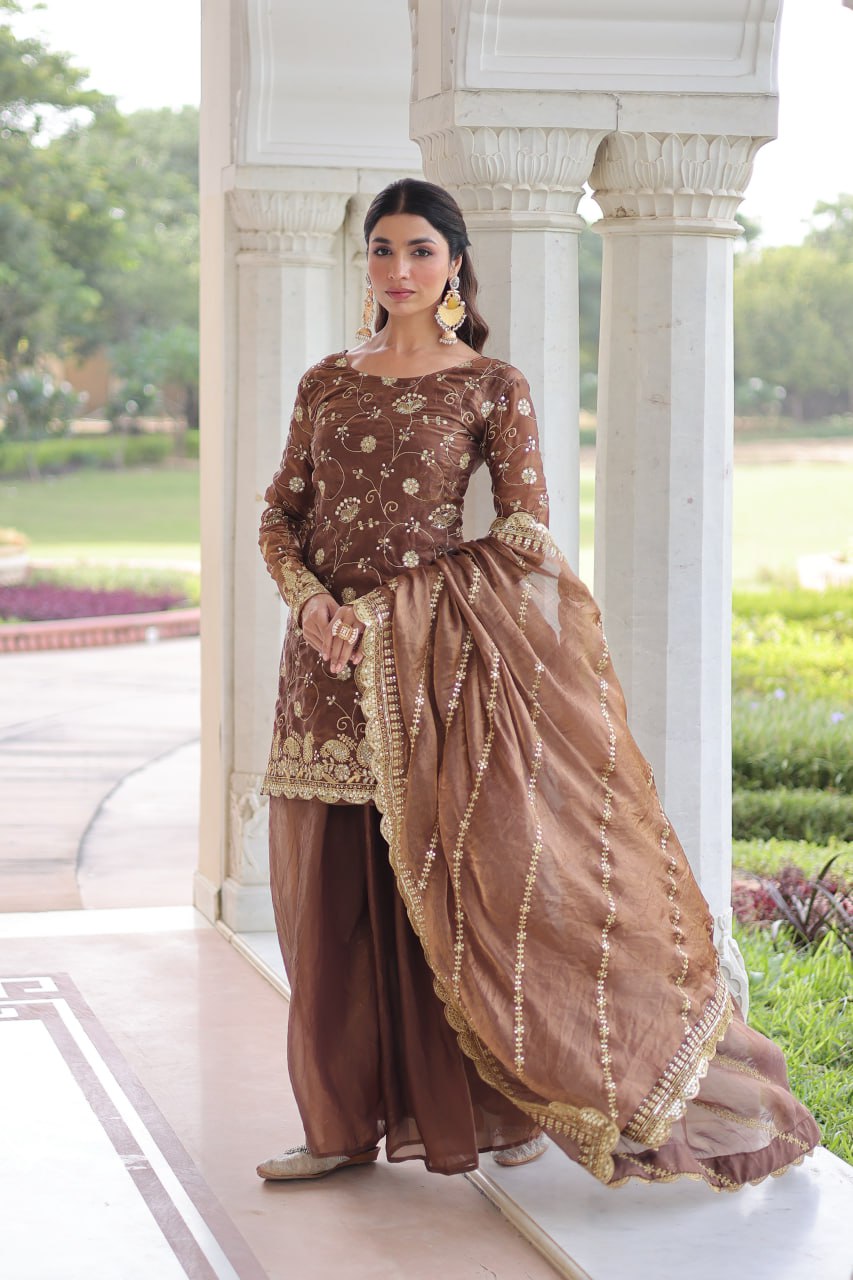Sofia Brown Heavy Embroidery Work Sharara Suit With Dupatta