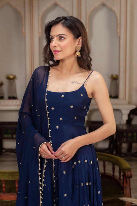 Starfall Blue Sequined Chinon Party Wear Anarkali Suit Set